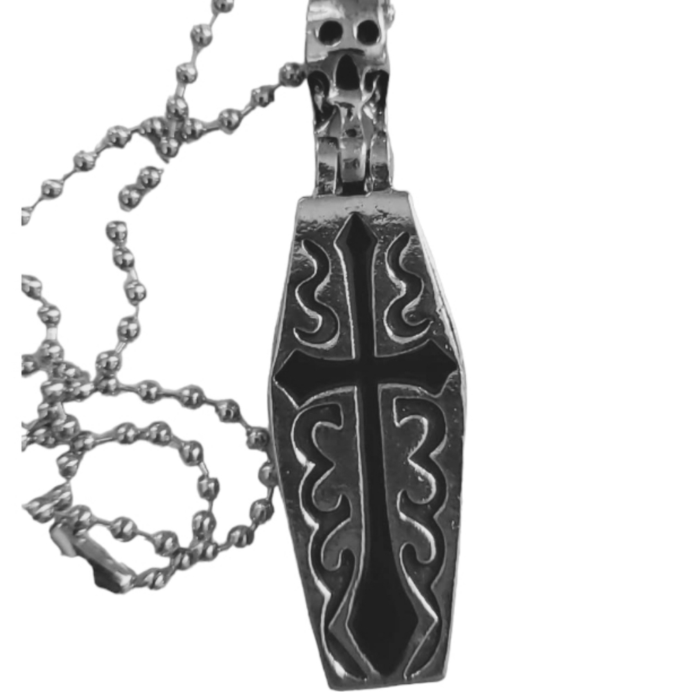 NWT Opening Coffin Skeleton Pendant Necklace Stainless Steel Silver Black - Picture 6 of 9
